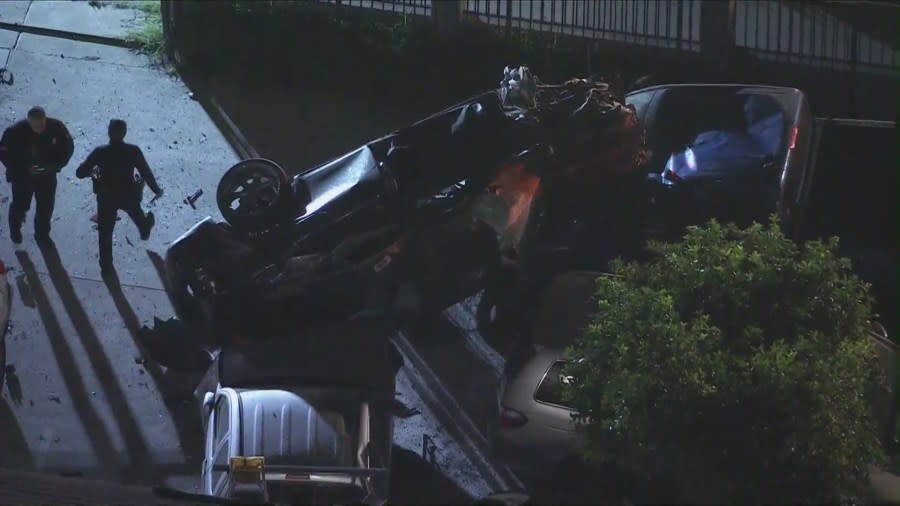 Three people were injured after a speeding vehicle careened into a Subway and a neighboring home in Van Nuys on Friday, April 19, 2024. (Sky5)