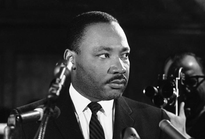 <p>Dr. Martin Luther King tells a news conference in Selma, Alabama on Feb. 5, 1965, that he feels there is a need for new legislation on the right to vote. (AP Photo/Horace Cort) </p>