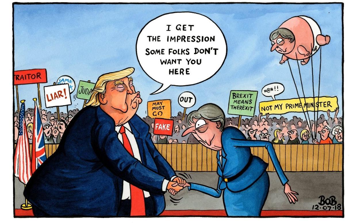 A cartoon showing Trump meeting May amid angry protests aimed at the British PM - Bob for The Telegraph