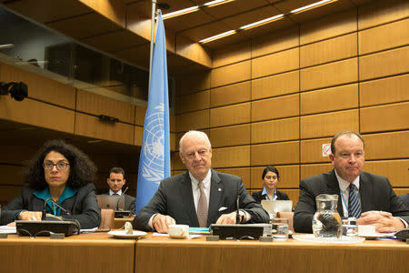 UN envoy Staffan de Mistura (C) looks on before the start of talks on Syria in Vienna on January 25, 2018. REUTERS/Alex Halada/Pool