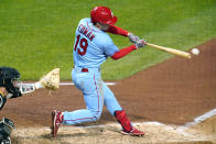 St. Louis Cardinals' Tommy Edman drives in a run with a single off Pittsburgh Pirates relief pitcher Sam Howard during the seventh inning of a baseball game in Pittsburgh, Saturday, Sept. 19, 2020. (AP Photo/Gene J. Puskar)