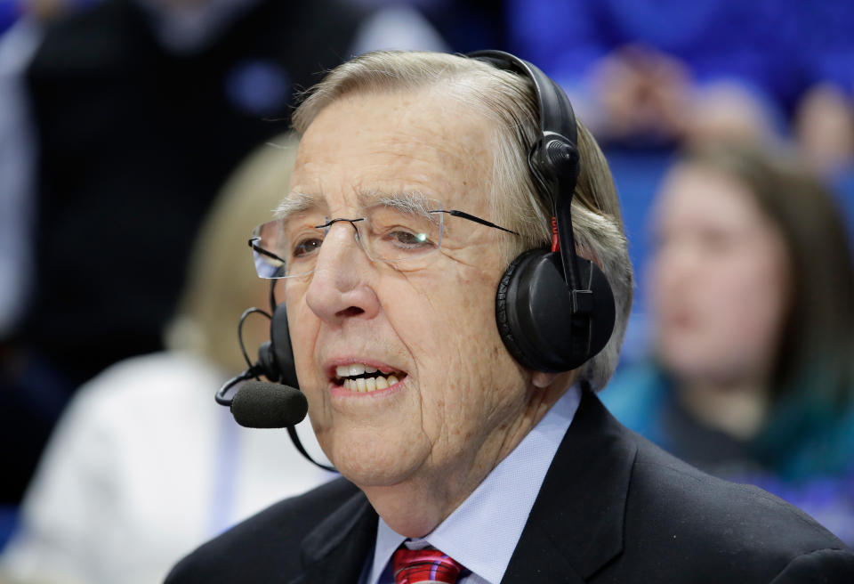 LEXINGTON, KY - JANUARY 31:  Brent Musburger calls the  Kentucky Wildcats game against the Georgia Bulldogs at Rupp Arena on January 31, 2017 in Lexington, Kentucky. Tonight Musburger is broadcasting his last game of his career.  (Photo by Andy Lyons/Getty Images)