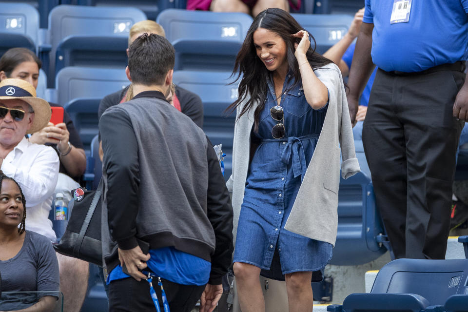 Meghan is greeted by Alexis Ohanian, Serena Williams' husband, as she arrives at the team box to watch Williams during the U.S. Open tennis tournament in New York City.