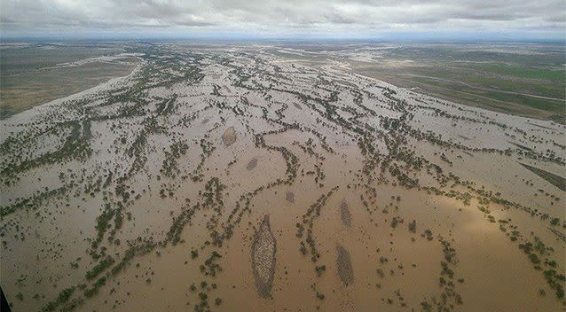 An aerial scene of floodwaters at Julia Creek, Queensland. Photo: Cleveland Maltman/Facebook