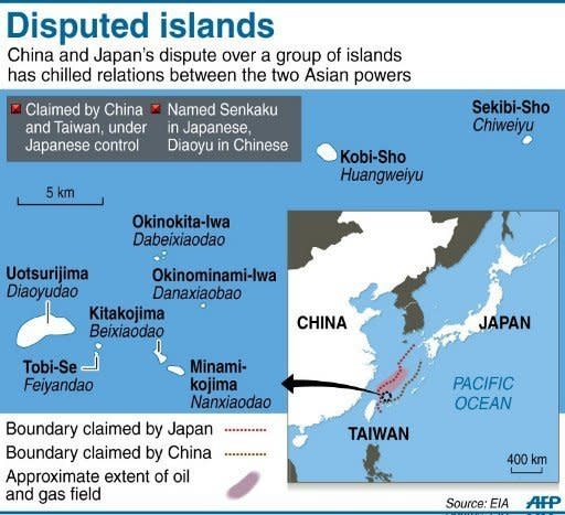 Graphic showing disputed islands claimed by Japan and China known as Senkaku by Tokyo and Diaoyu by Beijing