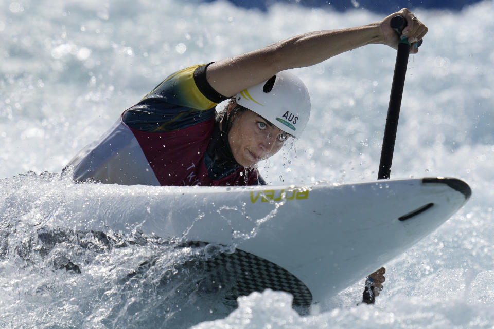 Jessica Fox of Australia competes in the Women's C1 of the Canoe Slalom at the 2020 Summer Olympics, Thursday, July 29, 2021, in Tokyo, Japan. (AP Photo/Kirsty Wigglesworth)