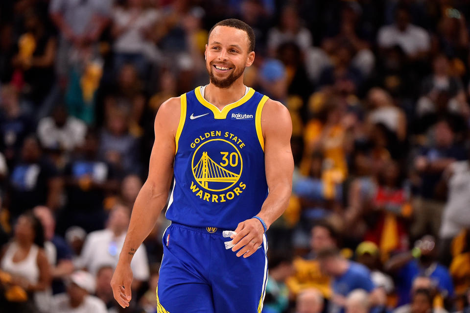 MEMPHIS, TENNESSEE - MAY 01: Stephen Curry #30 of the Golden State Warriors reacts during Game One of the Western Conference Semifinals of the NBA Playoffs against the Memphis Grizzlies at FedExForum on May 01, 2022 in Memphis, Tennessee. NOTE TO USER: User expressly acknowledges and agrees that, by downloading and or using this photograph, User is consenting to the terms and conditions of the Getty Images License Agreement. (Photo by Justin Ford/Getty Images)