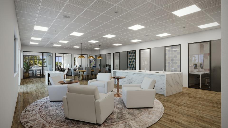 A digital rendering shows the interior of Illustrated Properties' new office at 223 Sunset Ave.