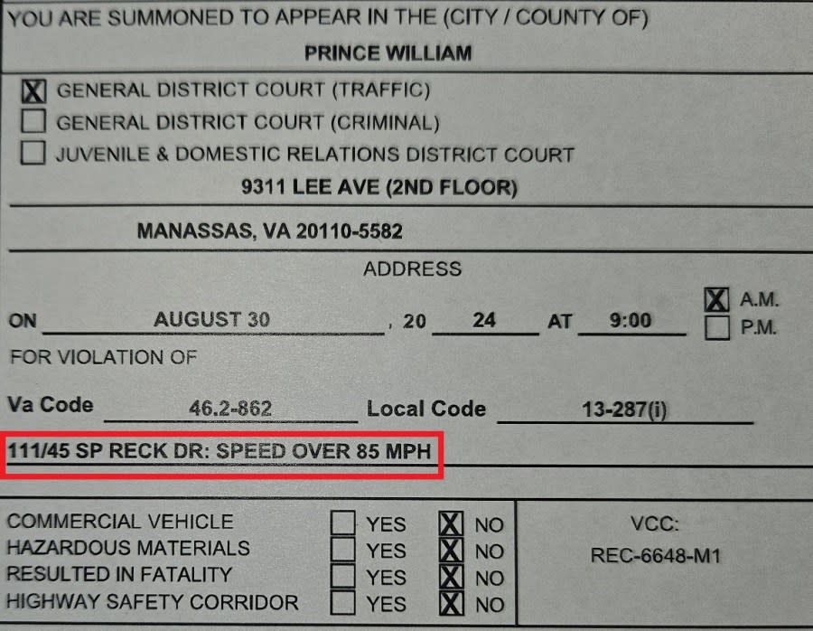 Driver going 111 mph on Prince Willaim Parkway in Manassas police say