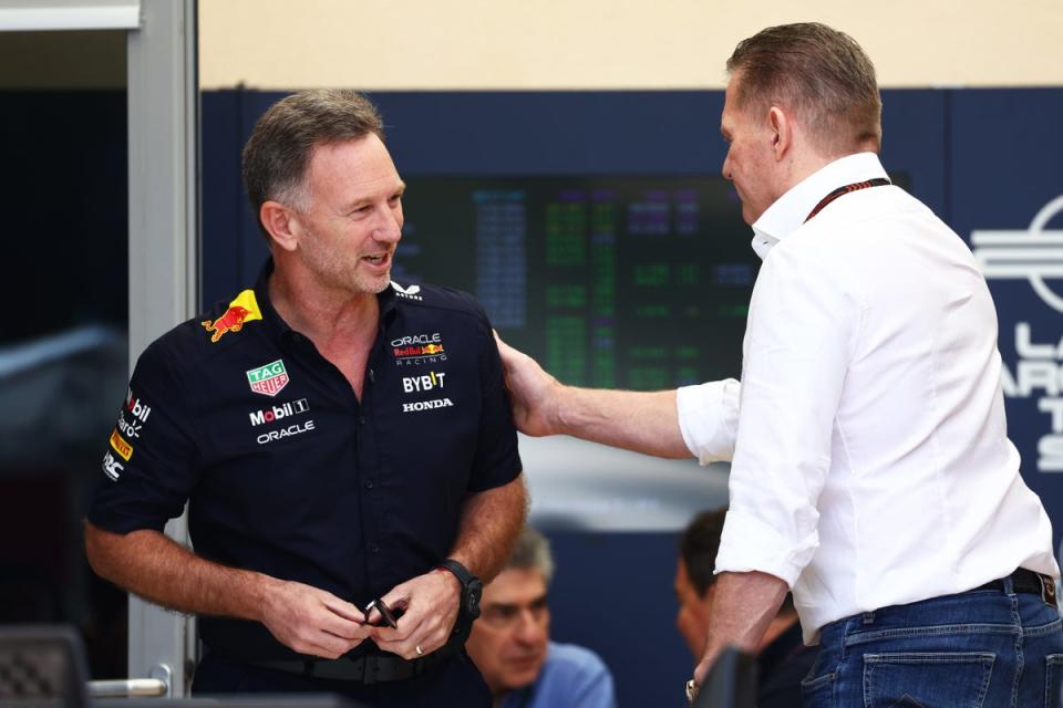 Verstappen Snr. was seen talking to Christian Horner (left) in the Bahrain paddock (Getty Images)