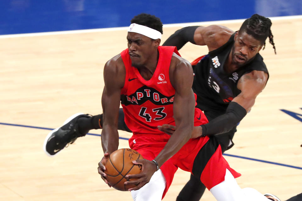 Toronto Raptors forward Pascal Siakam (43) drives to the basket against New York Knicks center Nerlens Noel (3) during the first half of an NBA basketball game Saturday, April 24,2021, in New York. (AP Photo/Noah K. Murray)