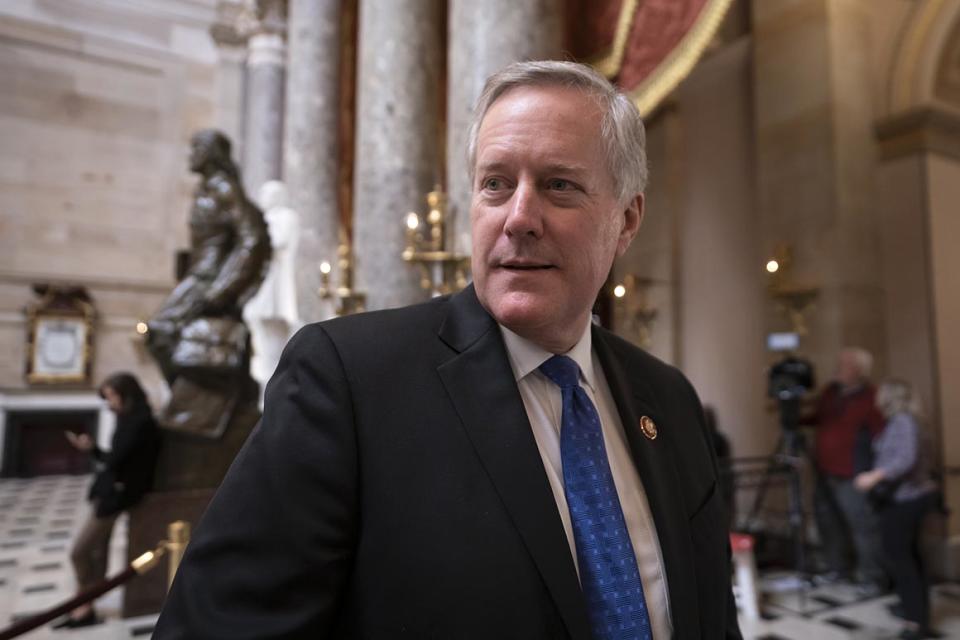 FILE - In this Dec. 18, 2019, file photo, Rep. Mark Meadows, R-N.C., speaks with reporters in Statuary Hall  on Capitol Hill in Washington.  President Donald Trump has named Meadows as his chief of staff, replacing Mick Mulvaney, who had been acting in the role. (AP Photo/J. Scott Applewhite, File)