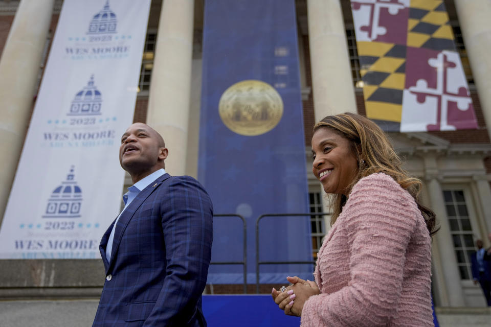 Maryland Governor-Elect Wes Moore, and his wife Dawn, tour the capitol grounds in preparation for tomorrow's inauguration in Annapolis, Md., Tuesday, Jan. 17, 2023. (AP Photo/Bryan Woolston)