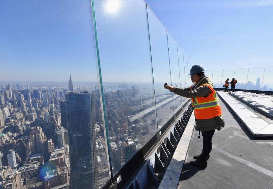 View from Hudson Yards observation deck on March 9, 2019 in New York City, the largest private real estate development in the US. – The property will include more than 18 million square feet of commercial and residential space, more than 100 shops, a collection of restaurants, approximately 4,000 residences and The Shed, a center for performing and visual arts. (Photo by Angela Weiss / AFP)