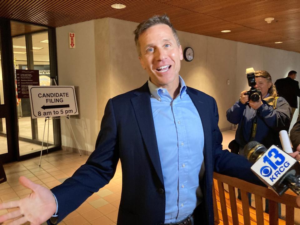 FILE - Former Missouri Gov. Eric Greitens gestures while speaking to reporters in Jefferson City on Tuesday, Feb. 22, 2022. Jury selection starts Thursday, March 24, 2022, in the perjury and evidence tampering case against William Tisaby. He was hired by St. Louis Circuit Attorney Kim Gardner in 2018 to investigate then-Missouri Gov. Eric Greitens, resulting in an invasion of privacy indictment. The case didn't go to trial, but Greitens resigned in June 2018. Prosecutors say Tisaby lied under oath during the Greitens investigation. (AP Photo/David A. Lieb File)