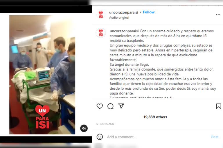 Isidro recibió el trasplante del corazón (Foto Instagram @uncorazonparaisi)