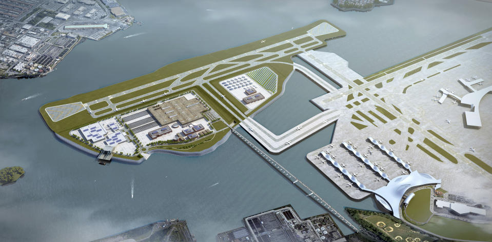 This artist rendering provided by FXFOWLE Architects illustrates a proposed plan for a runway and terminal, center, on the island that now houses the city's massive Rikers Island jail complex, which is just across a narrow stretch of water from LaGuardia Airport, lower right. A commission urging the city to close the jail complex says an option for reusing the space could be a new runway and terminal extension of the airport, which last year had by far the highest rate of late-arriving flights of any of the nation's 29 biggest airports. (FXFOWLE Architects via AP)