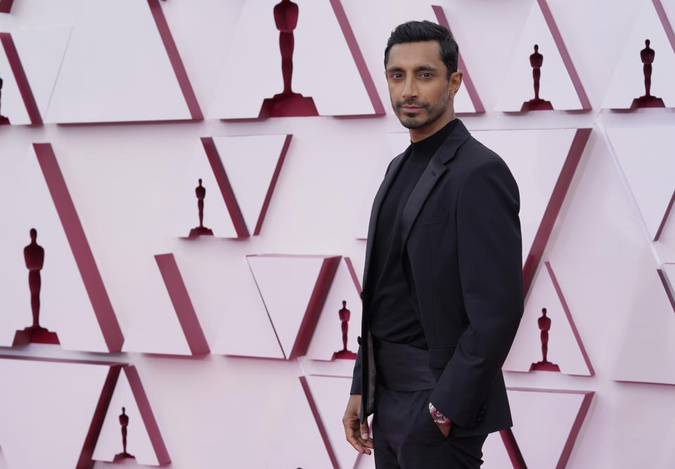 Riz Ahmed arrives at the Oscars on Sunday, April 25, 2021, at Union Station in Los Angeles. (AP Photo/Chris Pizzello, Pool)