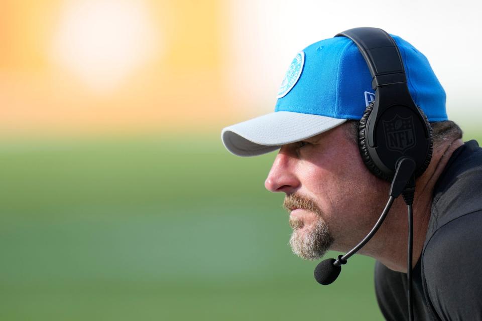 Detroit Lions head coach Dan Campbell watches against the Tampa Bay Buccaneers during the first at Raymond James Stadium in Tampa, Florida, on Sunday, Oct. 15, 2023.