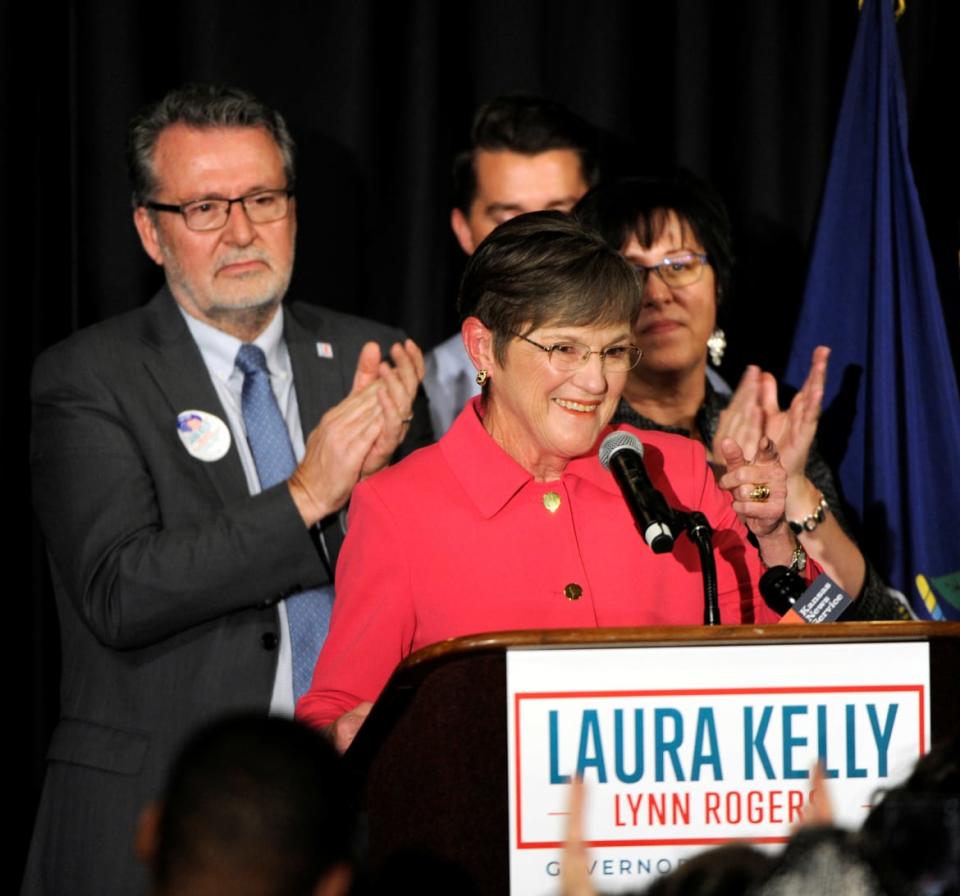 <div class="inline-image__caption"><p>Laura Kelly celebrates with supporters after winning the governor's race at her election night party in Topeka, Kansas.</p></div> <div class="inline-image__credit">Reuters</div>