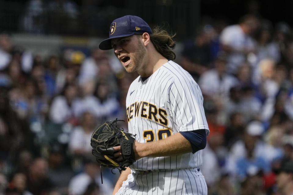 Milwaukee Brewers starting pitcher Corbin Burnes reacts after getting out of the top of the seventh inning of a baseball game against the San Francisco Giants Saturday, May 27, 2023, in Milwaukee. (AP Photo/Morry Gash)