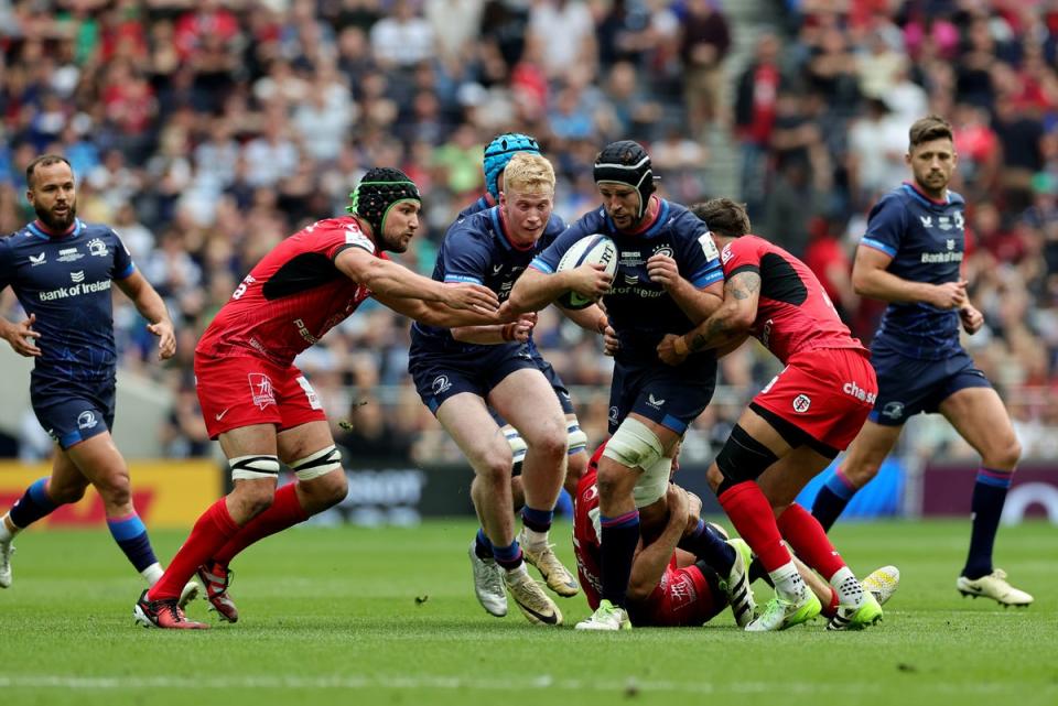 Caelan Doris of Leinster is tackled by Romain Ntamack of Stade Toulousain (Getty Images)