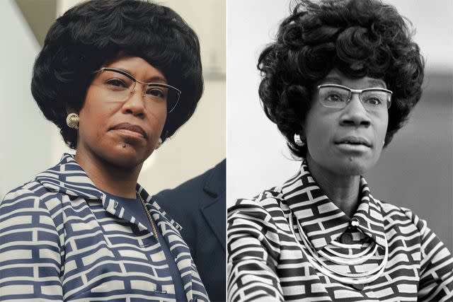 <p>Glen Wilson/Netflix; OHalloran/Library of Congress/Interim Archives/Getty Images</p> Regina King as Shirley Chisholm in Shirley, Shirley Chisholm