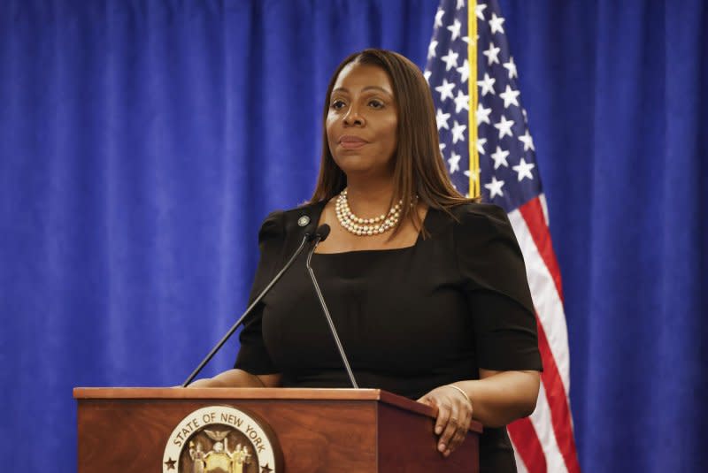 New York Attorney General Letitia James speaks at a press conference after a State Supreme Court decision in the civil fraud trial of former President Donald Trump on February 16 in New York City. File Photo by John Angelillo/UPI