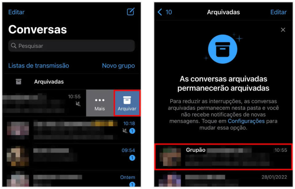 Arquivar conversas do WhatsApp ajuda a esconder grupos que você deseja sair (Captura de tela: Caio Carvalho)