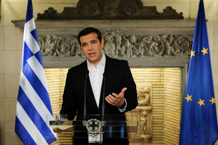 Greek Prime Minister Alexis Tsipras addresses the nation from his office in Maximos Mansion in Athens, Greece, June 12, 2018. Andrea Bonetti/Greek Prime Minister's Office/Handout via REUTERS