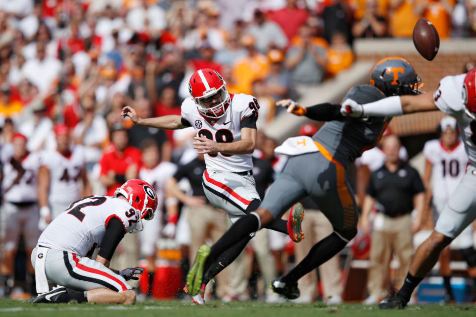 Rodrigo Blankenship boots a field goal against Tennessee. (Getty)