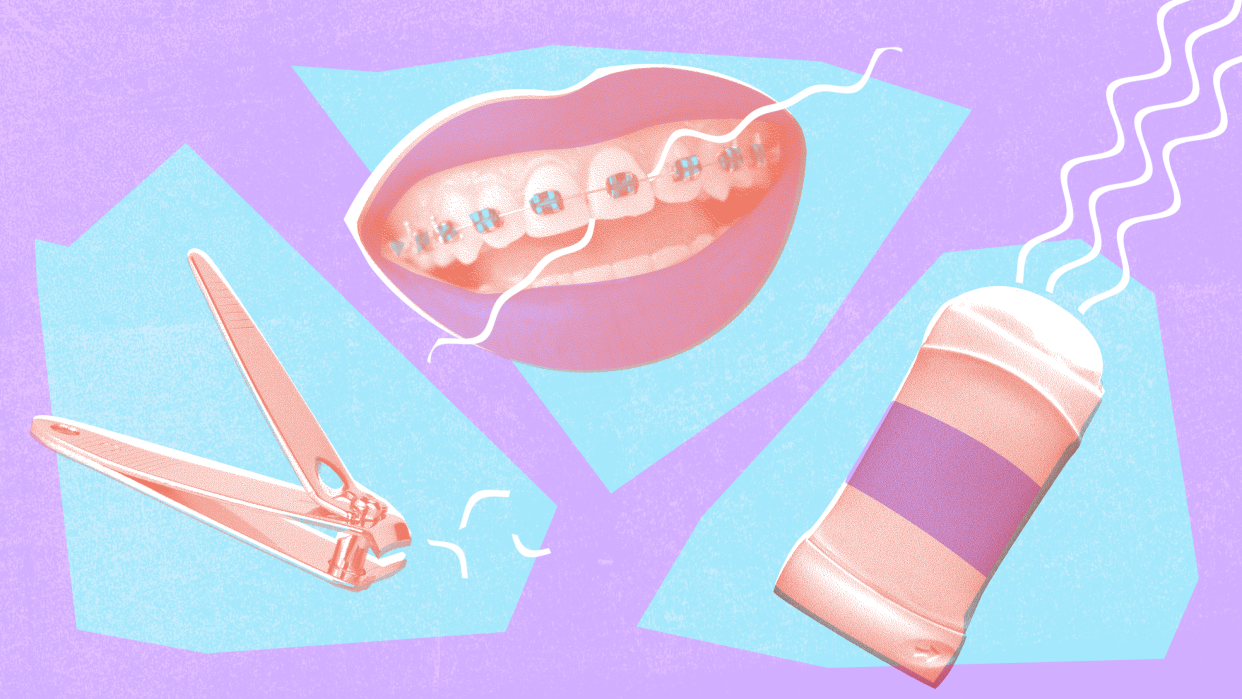 Cartoon graphic of fingernail clipper, a smiling mouth with braces, and a stick of deodorant.