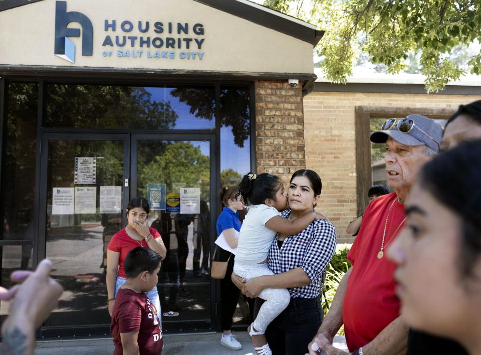 Tenants of Housing Assistance Management Enterprise (HAME) apartments confer after delivering a collective letter to the president of HAME demanding an end to the rent increase and the opportunity to negotiate collectively for a fair lease at the office of the Housing Authority of Salt Lake City on Friday, June 30, 2023. | Laura Seitz, Deseret News