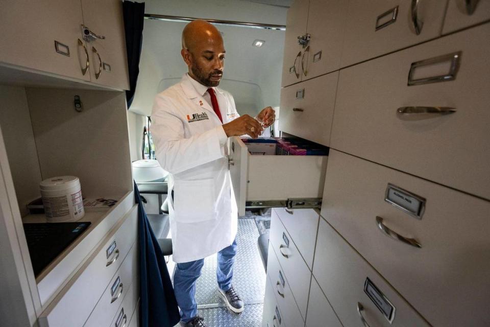 Miami, Florida, December 1, 2023 - Dr. Hansel Tookes, associate professor of infectious diseases, Division of Infectious Diseases, UHealth/University of Miami Miller School of Medicine inside the IDEA exchange mobile unit.