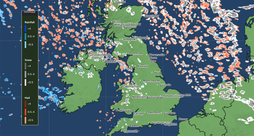 Met Office snow, rain and hail warning - 6am Tuesday (Met Office)