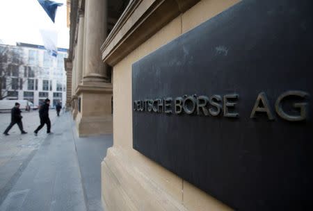The plaque of the Deutsche Boerse AG is pictured at the entrance of the Frankfurt stock exchange February 1, 2012. REUTERS/Alex Domanski/File Photo
