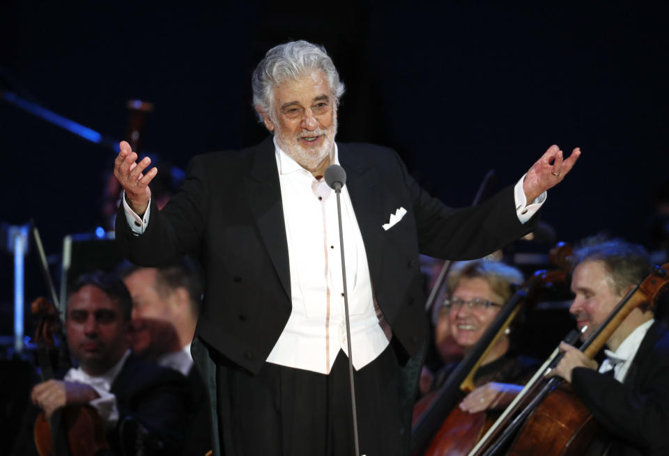 FILE - In this Aug. 28, 2019 file photo, opera star Placido Domingo salutes spectators at the end of a concert in Szeged, Hungary. The cancellation Tuesday, Sept. 24, 2019, of Domingo's Metropolitan Opera performance in "Macbeth" means the singer, who has been accused by multiple women of sexual misconduct, has only a few U.S. shows scheduled, all set for California in 2020. Domingo has said he strongly disputes the allegations made against him. (AP Photo/Laszlo Balogh, File)