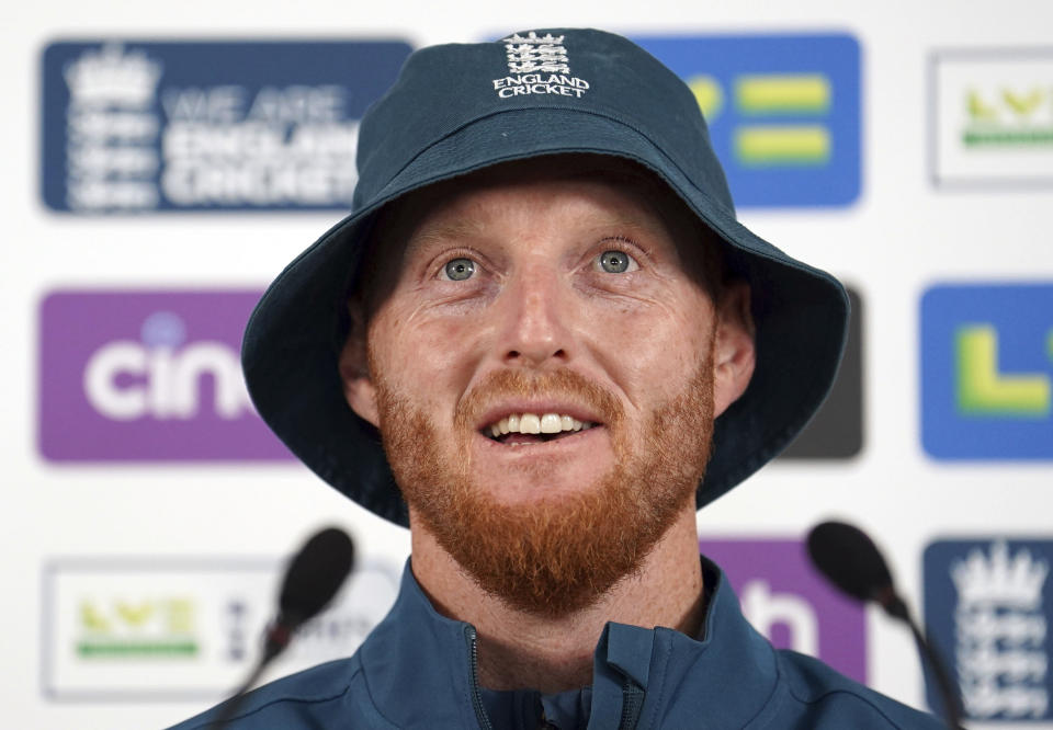 England's Ben Stokes during a press conference at Headingley, Leeds, England, Wednesday, July 5, 2023. (Martin Rickett/PA via AP)