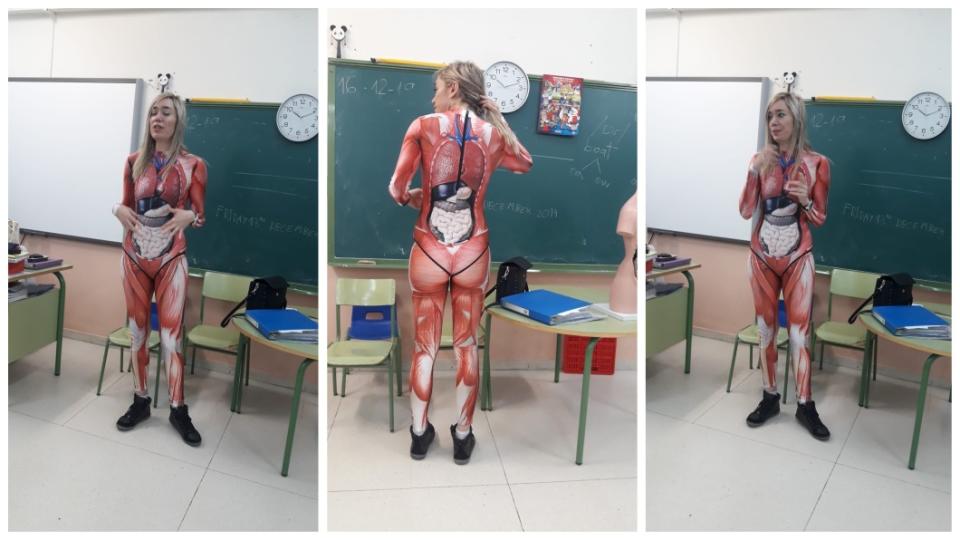 1名女老師把人體器官服穿上給學生教學，網友們大讚超有創意。(圖／翻攝自推特)