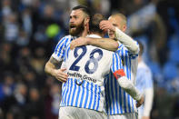 Soccer Football - Serie A - SPAL vs Juventus - Paolo Mazza, Ferrara, Italy - March 17, 2018 Spal's Pasquale Schiattarella and team mates celebrate after the match REUTERS/Alberto Lingria