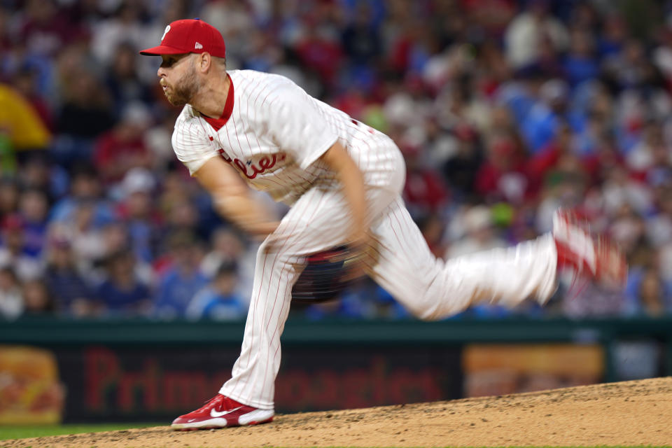 Philadelphia Phillies' Zack Wheeler pitches during the seventh inning of a baseball game against the Chicago White Sox, Saturday, April 20, 2024, in Philadelphia. (AP Photo/Matt Slocum)