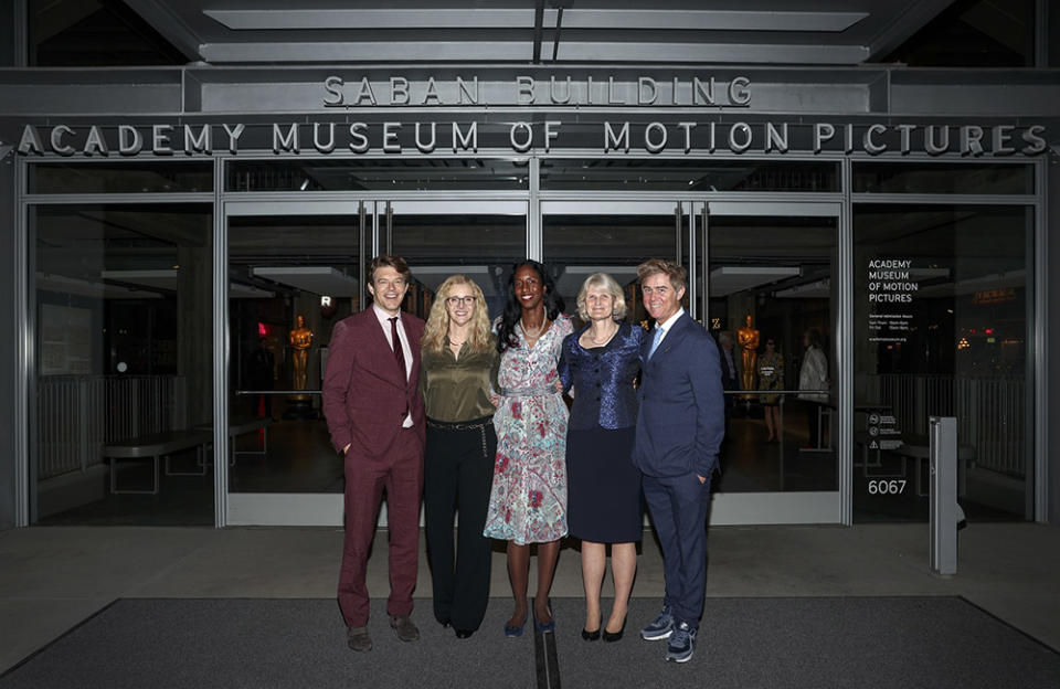 left to right: Jason Blum, Blumhouse CEO/Founder and Vassar Alum & Trustee; Lisa Kudrow, Actress and producer and Vassar College Alum & Trustee; Mia Mask, Professor of Film, Vassar College; Elizabeth Bradley, President, Vassar College; and Vassar alum, Academy-Award nominated screenwriter John Gatin (Flight).