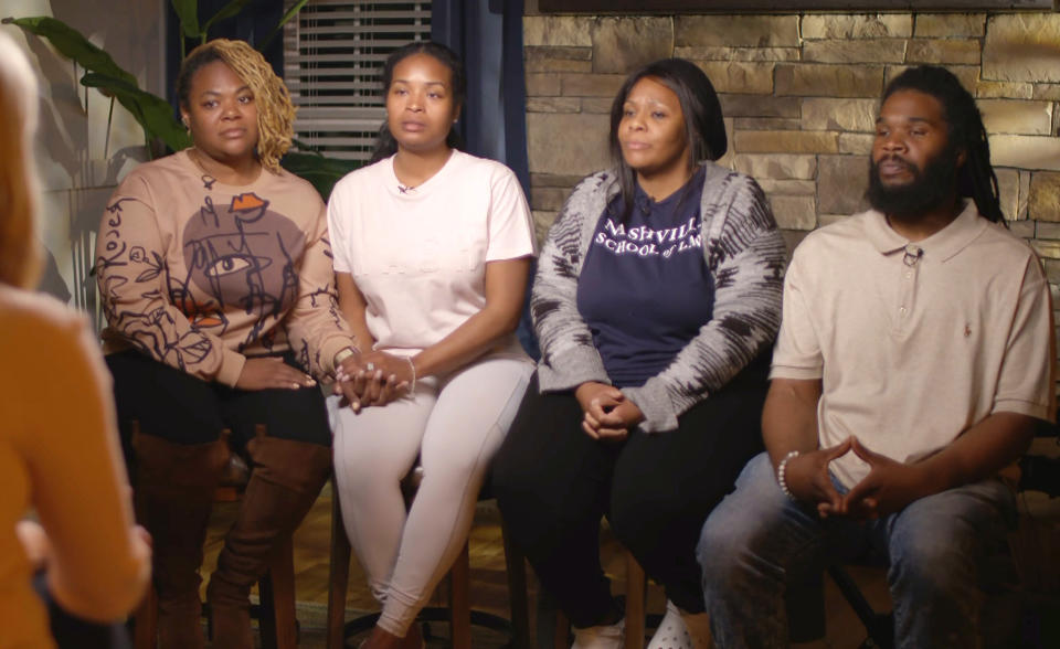 Catie Beck interviews members of Michael Hill's family: from left, Brittany Hill, Tawana Garner, Marquita Oglesby and Joshua Smith. (NBC News)