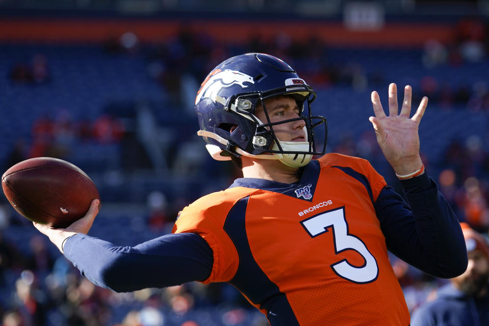 Denver Broncos quarterback Drew Lock warms up before an NFL football game against the Oakland Raiders, Sunday, Dec. 29, 2019, in Denver. (AP Photo/Jack Dempsey)