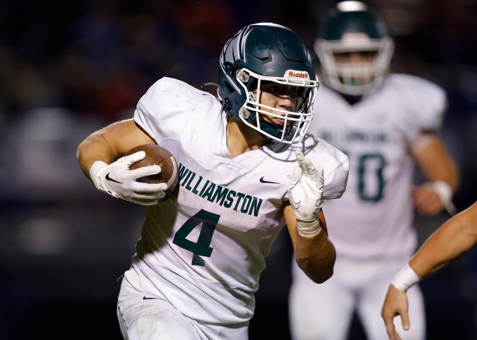 Williamston's Noah Dunckel rushes against Mason, Friday, Sept. 15, 2023, in Mason.