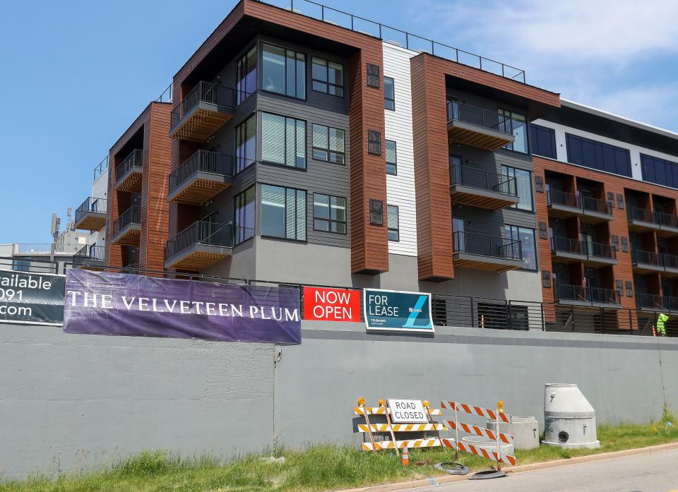 A sign for The Velveteen Plum is seen on May 31 at the Bantr apartment complex at 1520 Elm St. in Wausau. The new rooftop restaurant and bar opened May 19.
