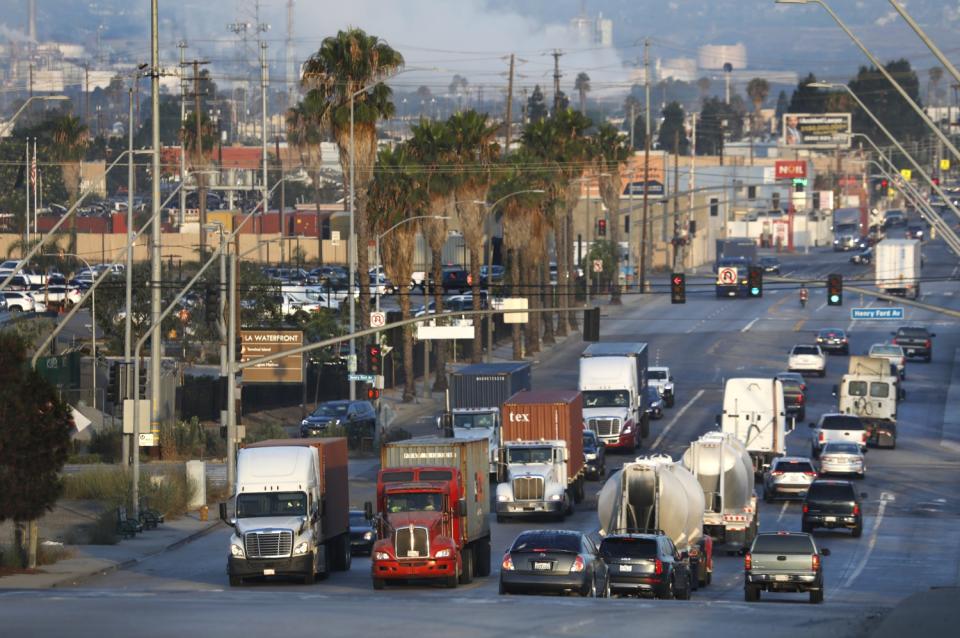 Trucks and cars can be seen along East Anaheim Street in Wilmington.