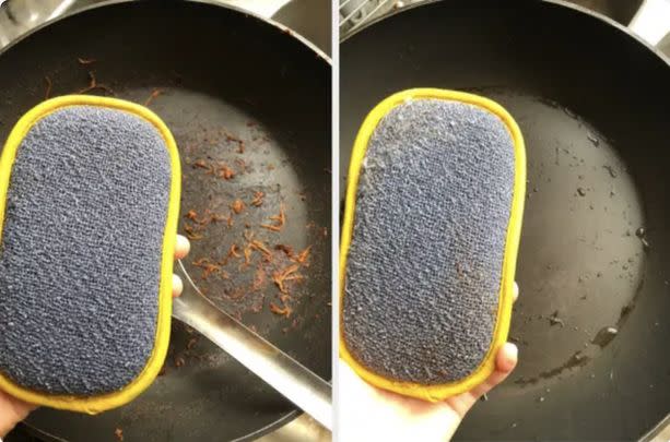 With this double-sided scourer, you can clean pots and pans using only water