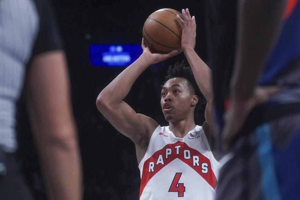 Toronto Raptors' Scottie Barnes takes a foul shot during an NBA In-Season Tournament basketball game against the Brooklyn Nets, Tuesday, Nov. 28, 2023, in New York. (AP Photo/Bebeto Matthews)