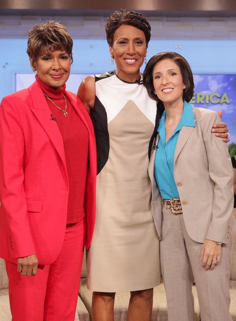 This image released by ABC shows "Good Morning America" co-host Robin Roberts, center, poses with her sister Sally-Ann Roberts, left, and Dr. Gail Roboz on the popular morning show on Thursday, Aug. 30, 2012 in New York. Roberts has said goodbye to "Good Morning America," but only for a while. The "GMA" anchor made her final appearance Thursday before going on medical leave for a bone marrow transplant. Roberts' departure was first planned for Friday, but she chose to exit a day early to visit her ailing mother in Mississippi. In July she first disclosed that she has MDS, a blood and bone marrow disease. She will be hospitalized next week to prepare for the transplant. The donor will be her older sister, Sally-Ann Roberts. Roboz, who is helping Robin prepare her for her bone marrow transplant, appeared on the program to discuss the medical road ahead. In the coming weeks, Dr. Roboz will help monitor Robin’s health and progress. (AP Photo/ABC, Fred Lee)